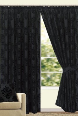 Fully-Lined-Leamington-Pencil-Pleat-Faux-Silk-Flock-Ready-Made-Pair-Of-Curtain-With-Tie-backs-Black-90-x-90-0